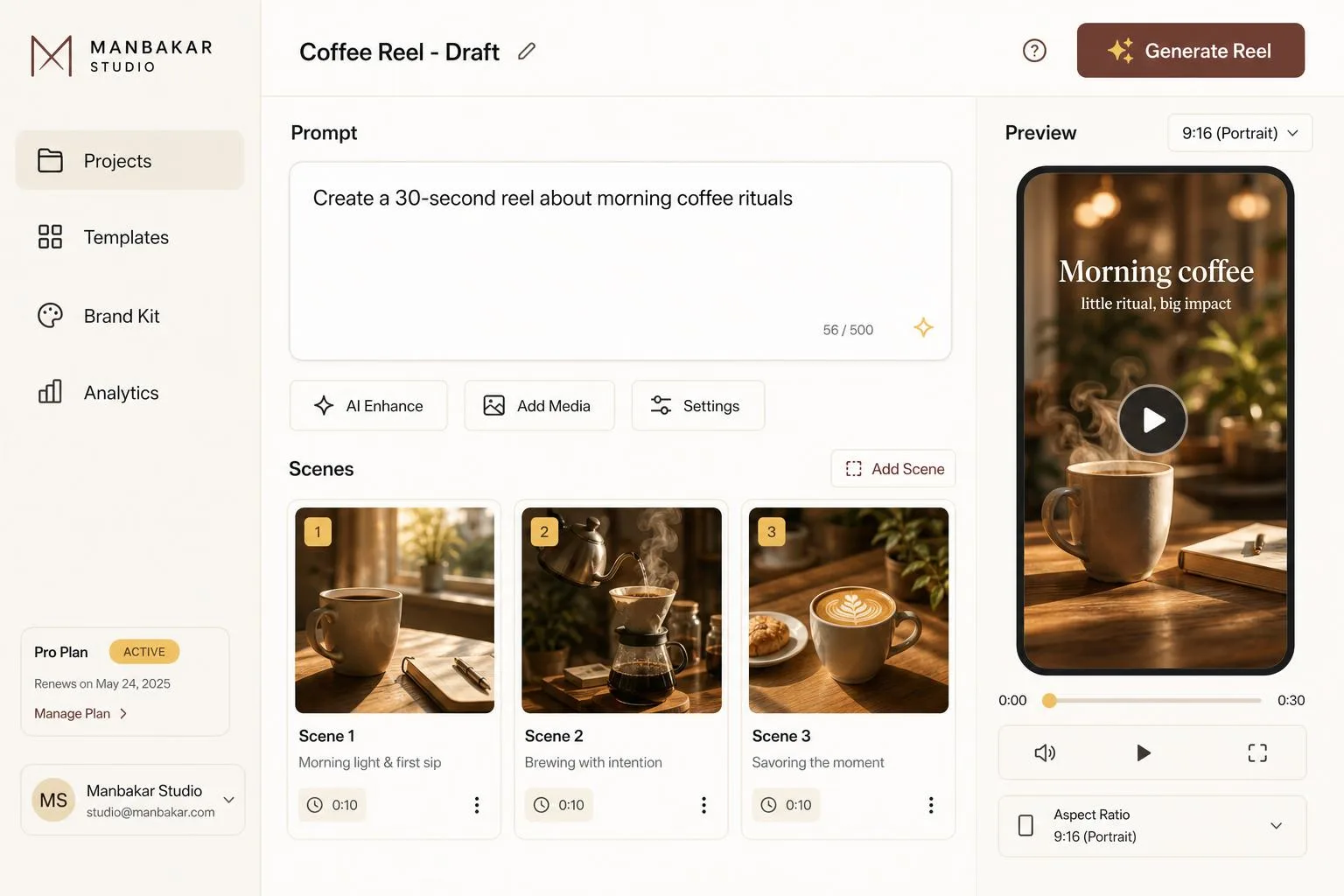 Manbakar AI reel generator dashboard preview
